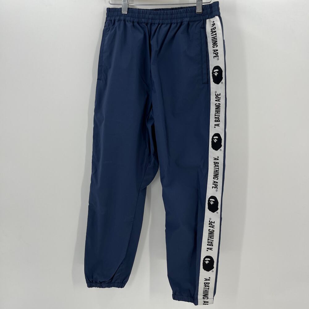 A Bathing Ape BAPE Head Nigo Taped Logo Track Sweat Pants in Navy S